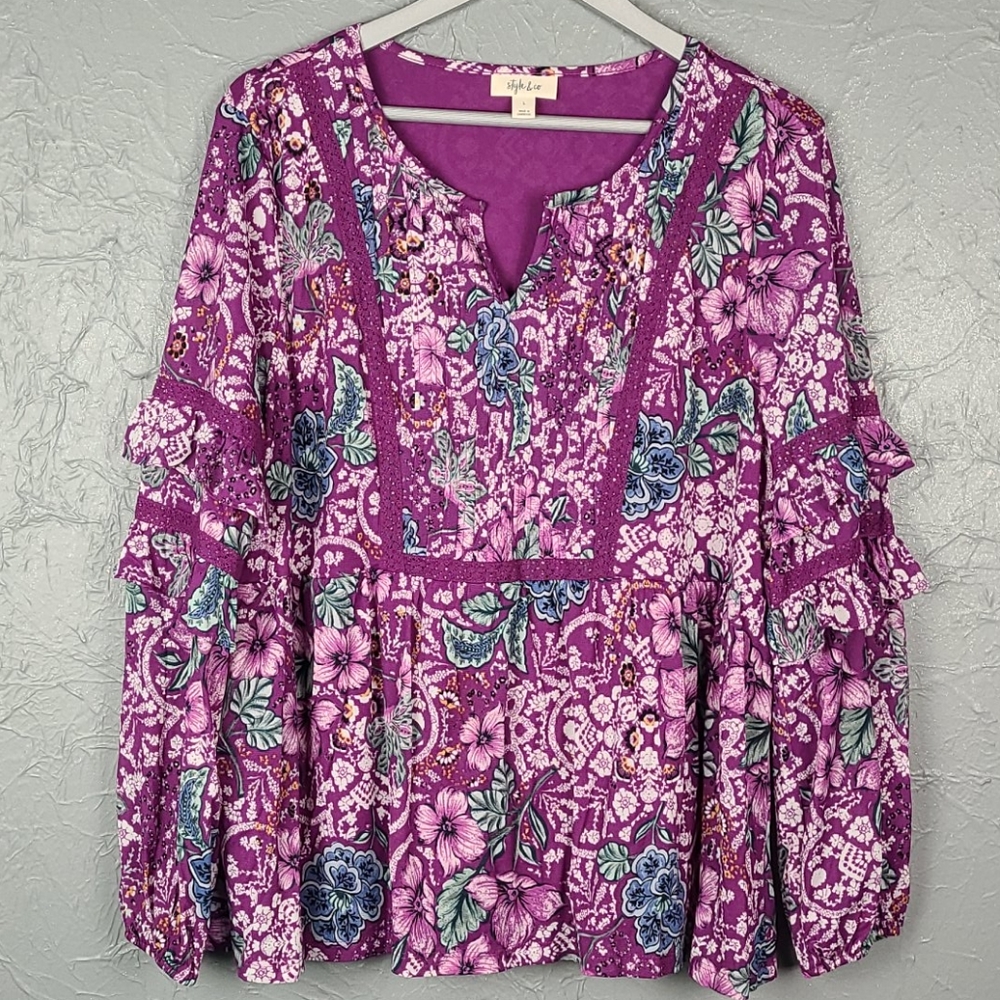 STYLE & CO Purple Floral Boho Peasant Blouse